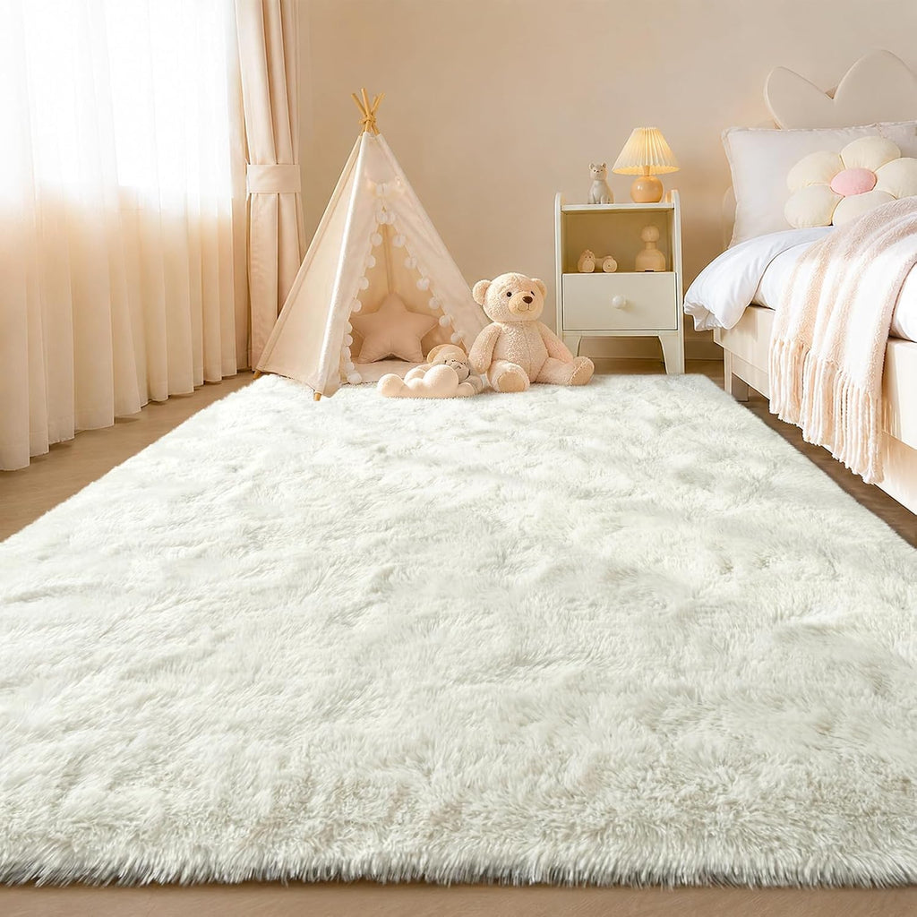 Washable Soft Fluffy White Shag Area Throw Rug