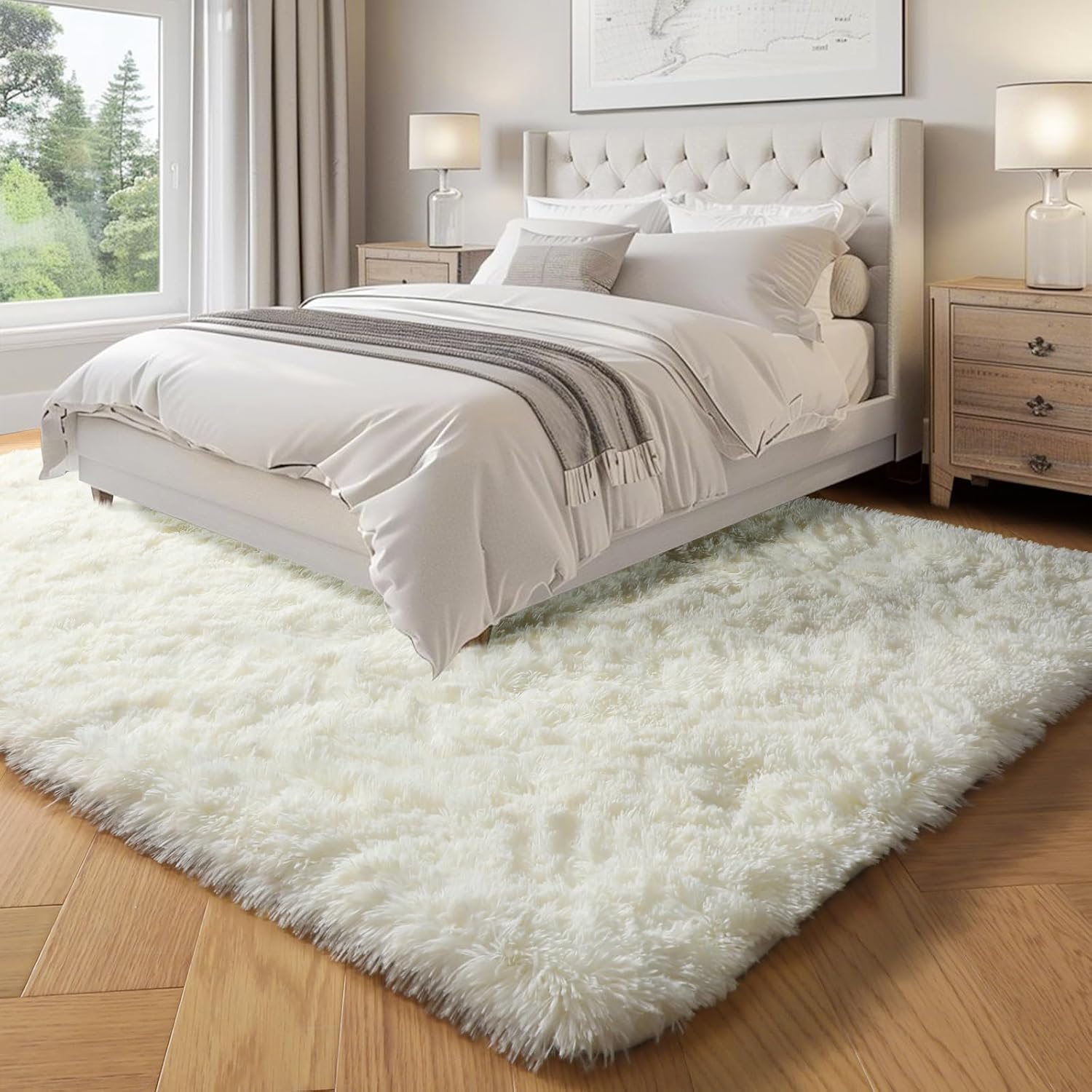 Cream White Fluffy Washable 5x7 Shag Area Rug