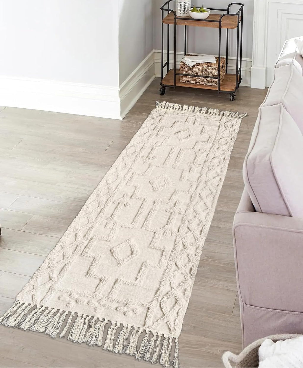 Boho Woven Beige Tassel Runner Rug