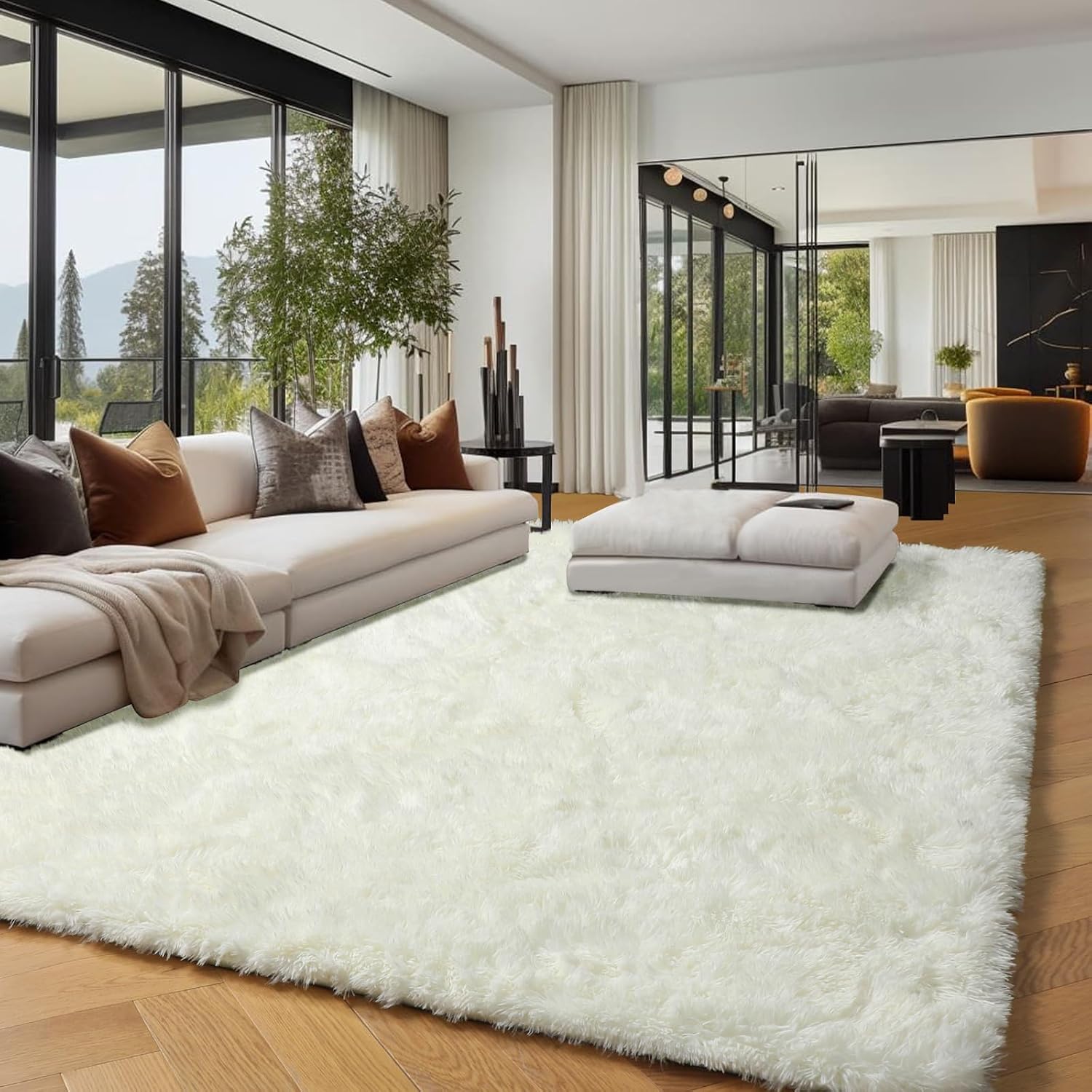 Cream White Fluffy Washable 5x7 Shag Area Rug