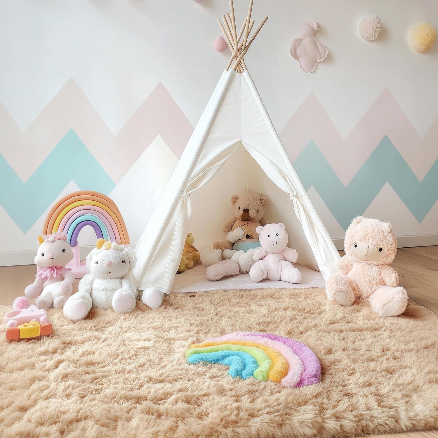 Beige Fluffy Washable 4x5 Shag Area Rug