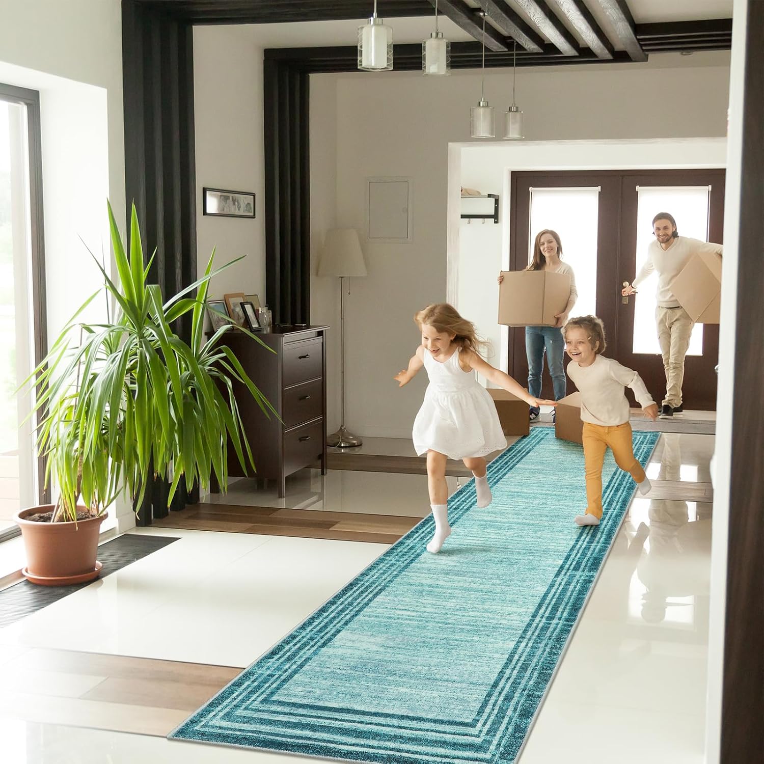 Teal Abstract Soft Washable Runner Rug