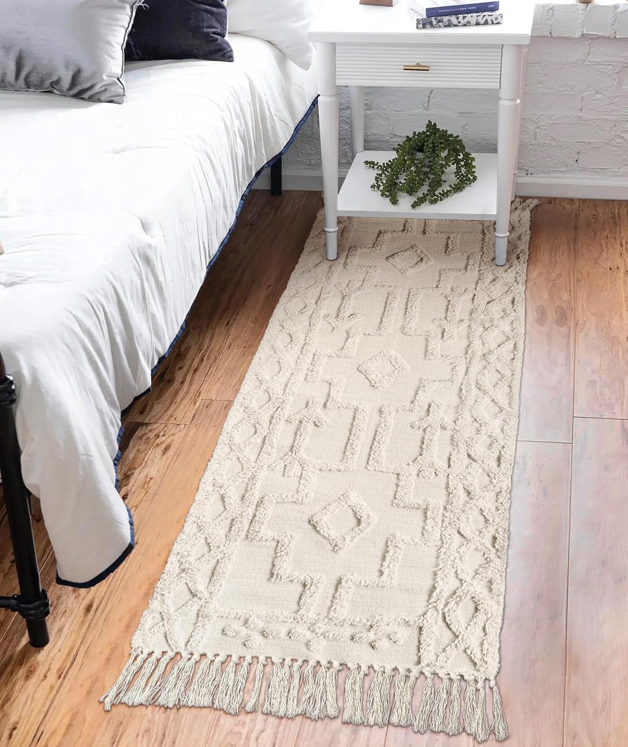 Boho Woven Beige Tassel Runner Rug