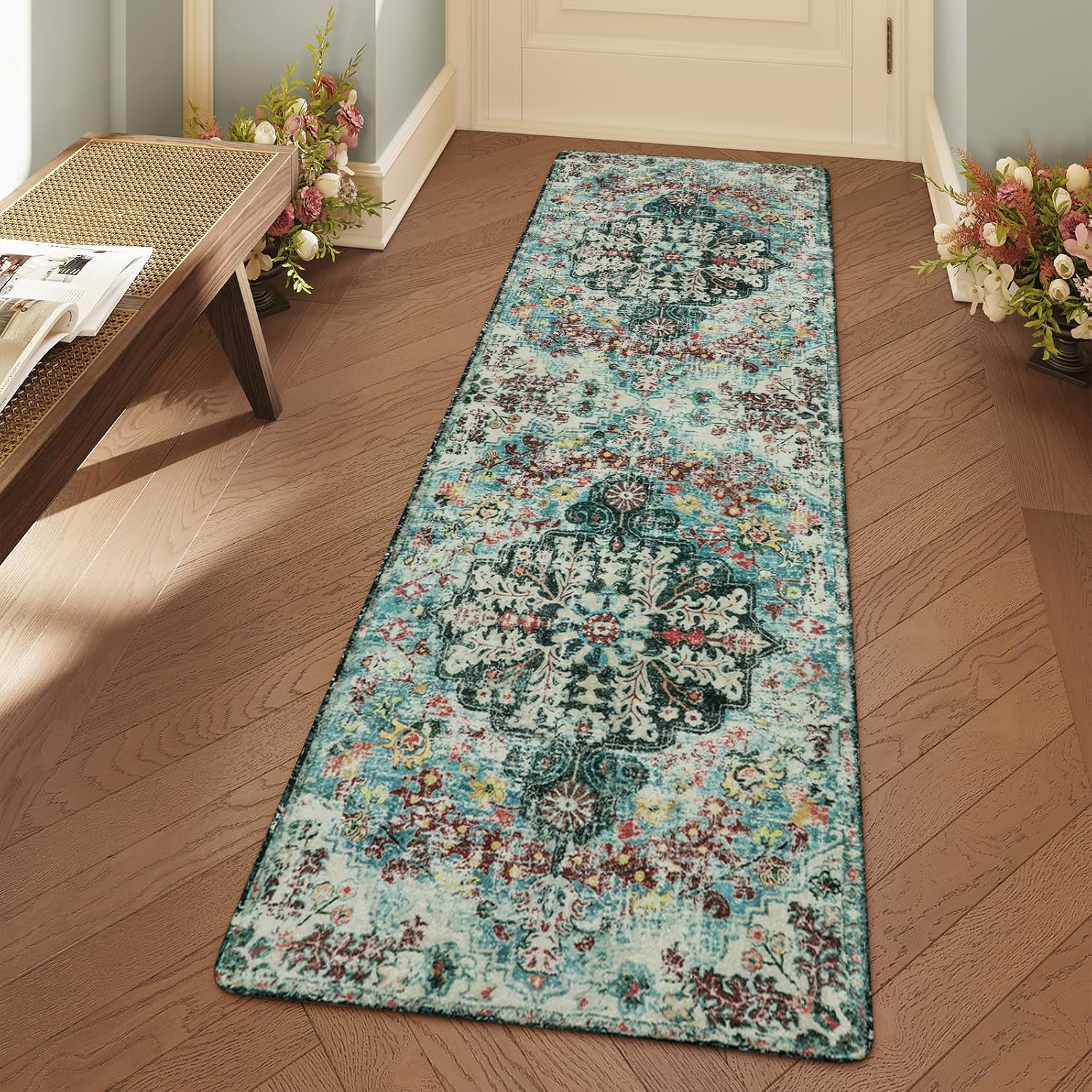 Bohemian Floral Washable Pet Friendly Rug