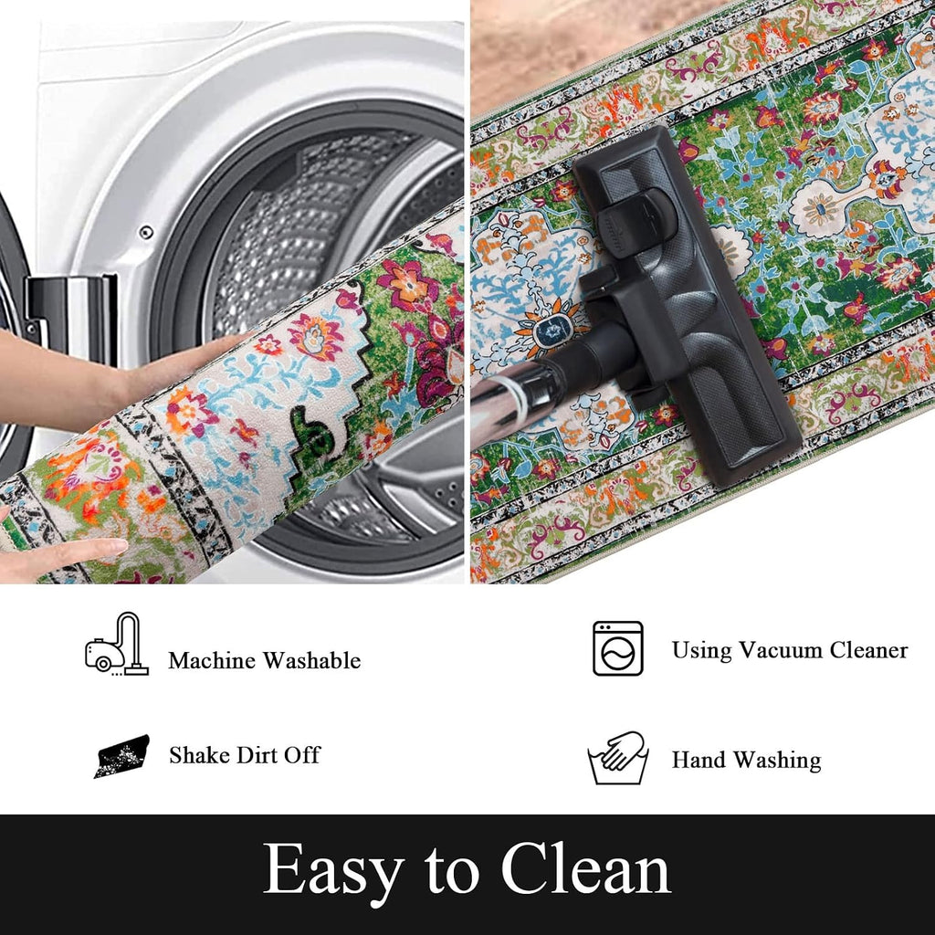 Green Boho Washable Non Slip Runner Rug