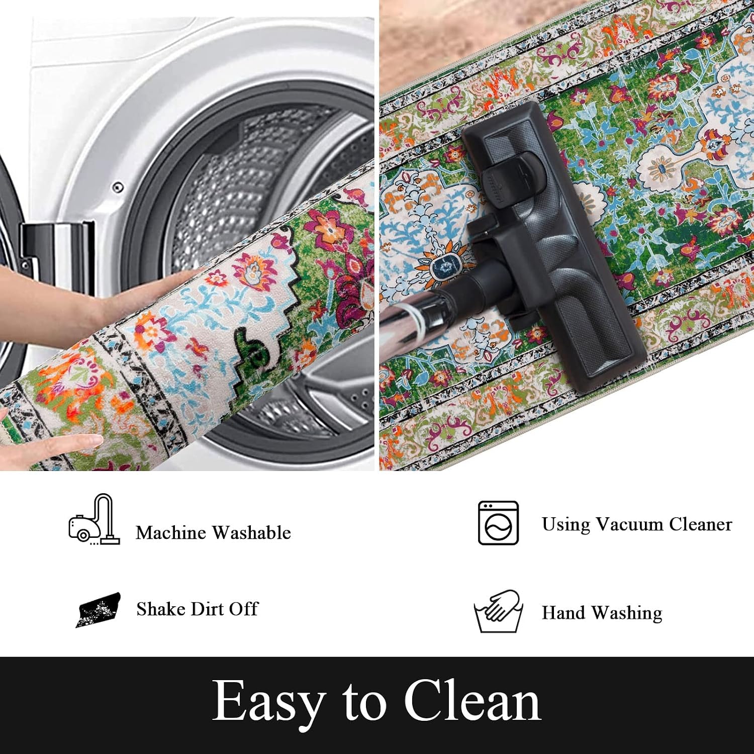 Green Boho Washable Non Slip Runner Rug