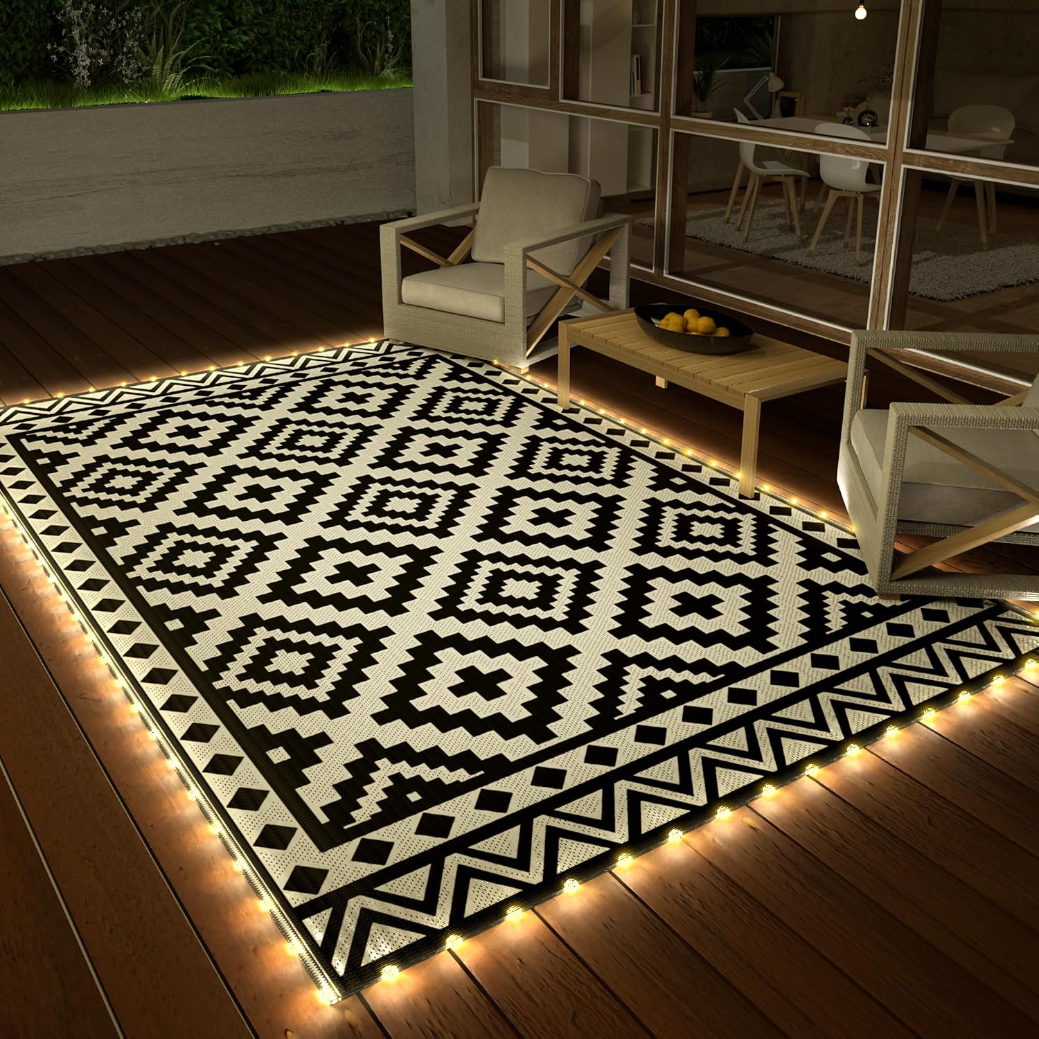 LED Light Reversible Straw Outdoor Rug