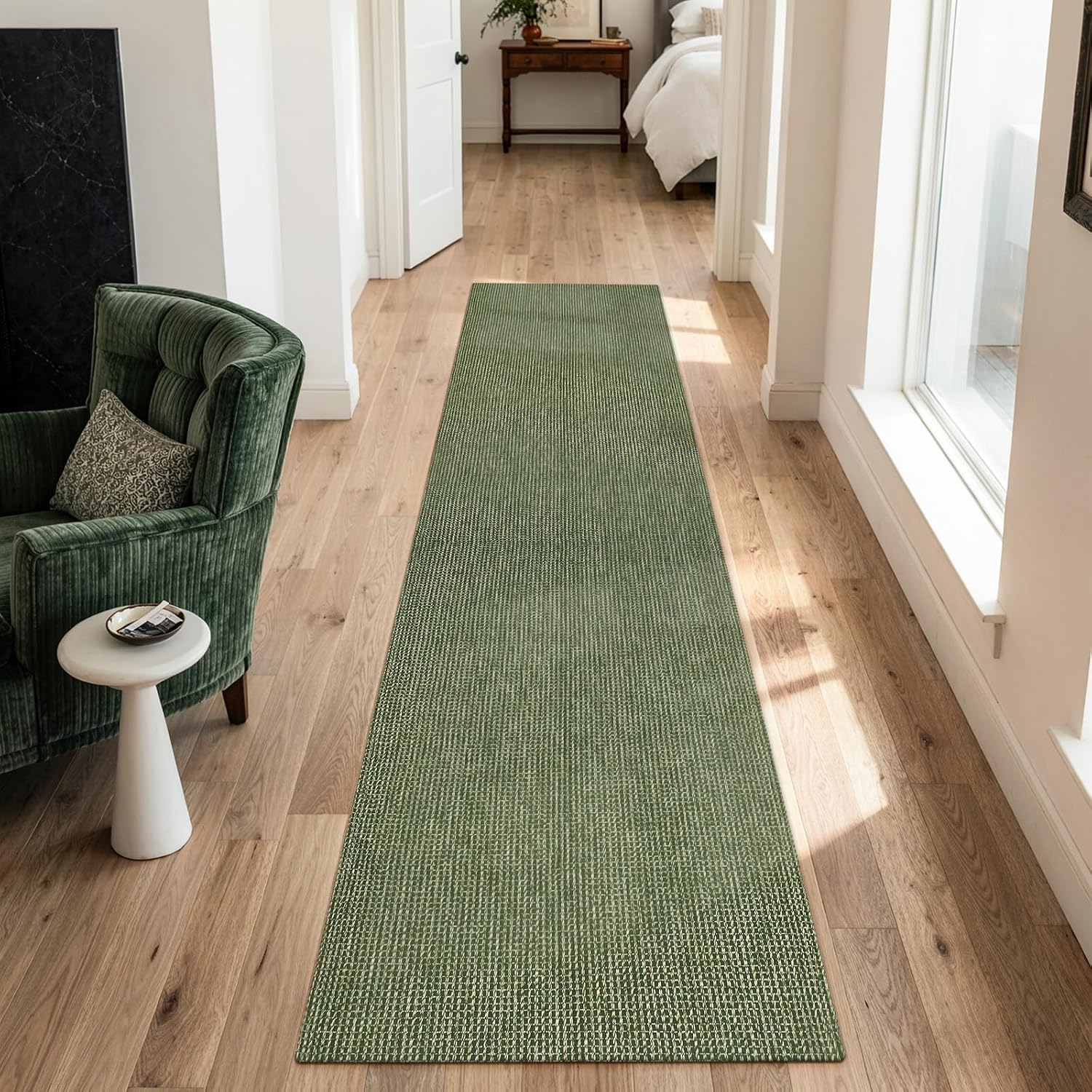 Boho Green Braided Washable Runner Rug