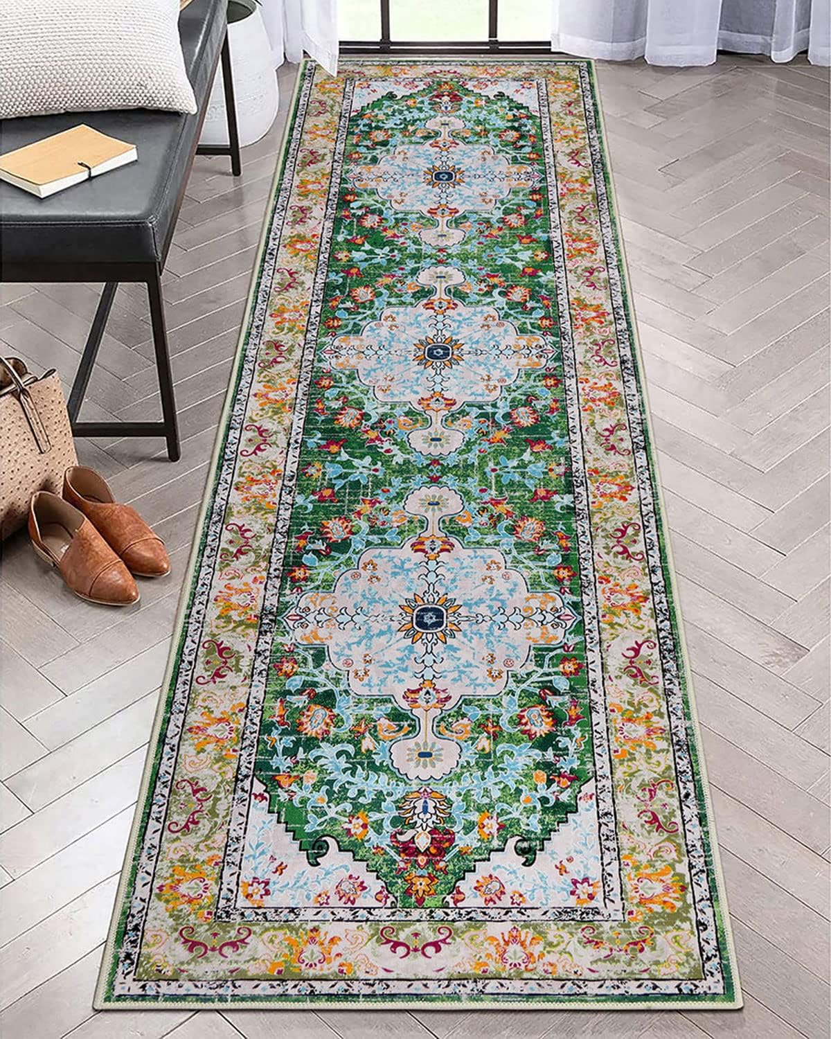 Green Boho Washable Non Slip Runner Rug
