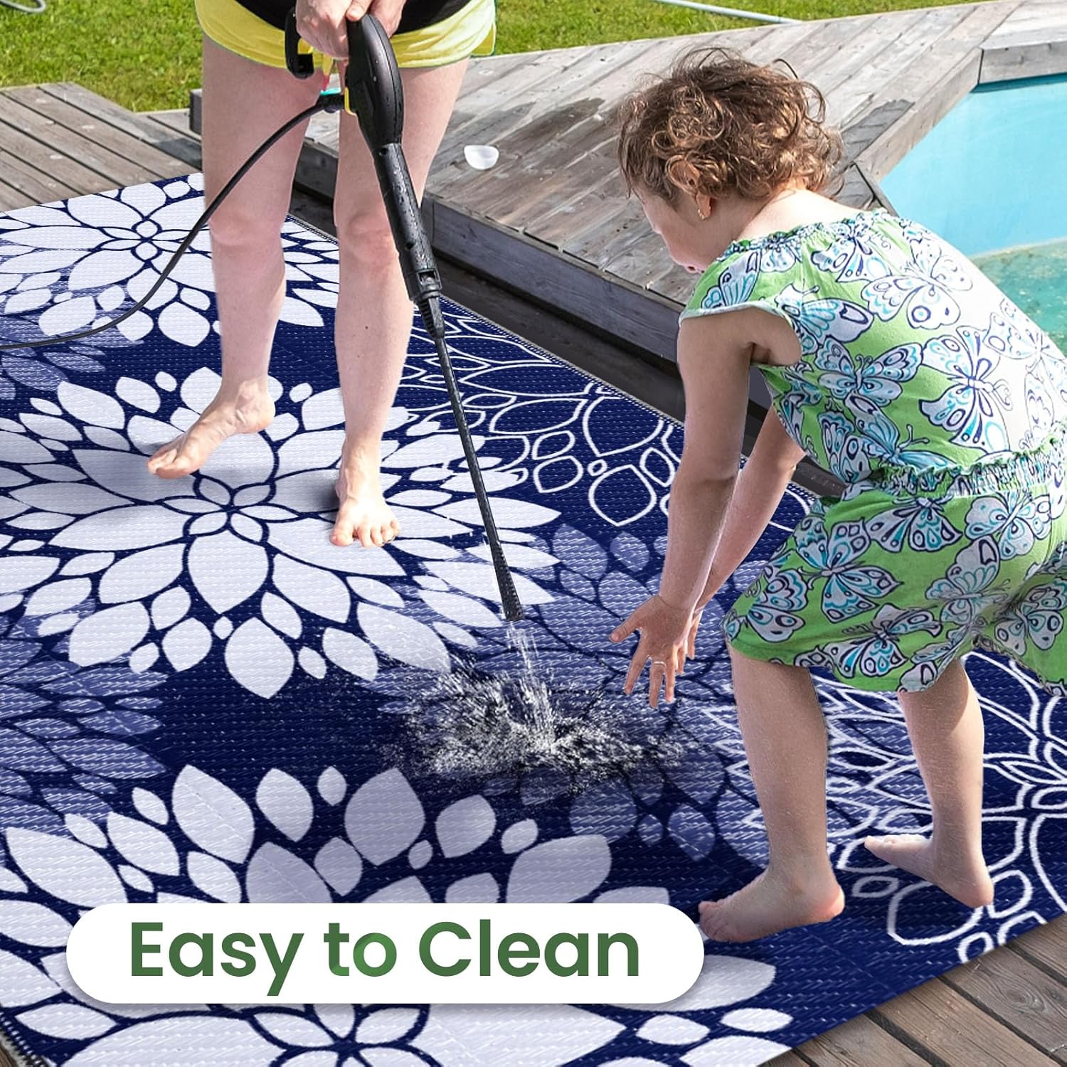 Blue Reversible Straw Waterproof Outdoor Rug
