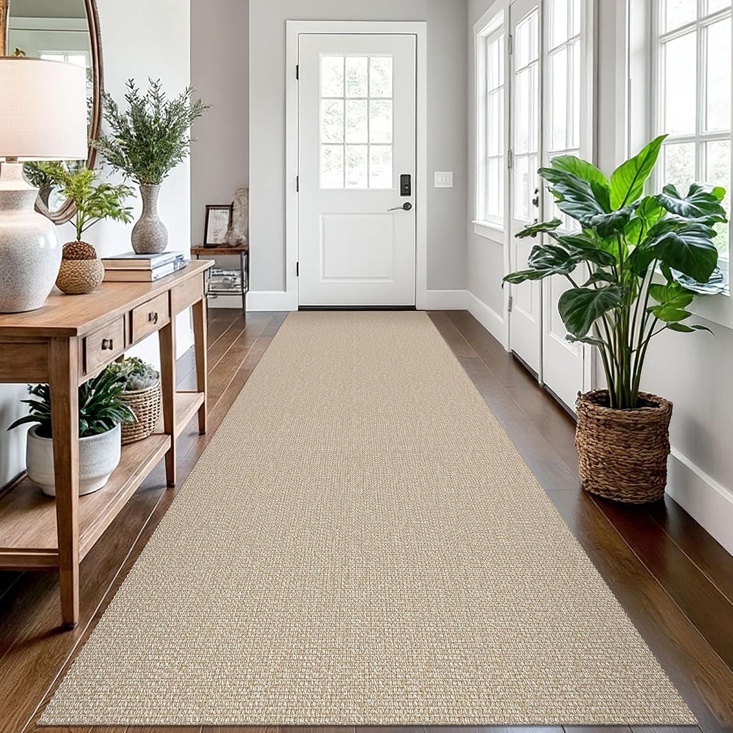 Beige Braided Non Slip Cotton Runner Rug