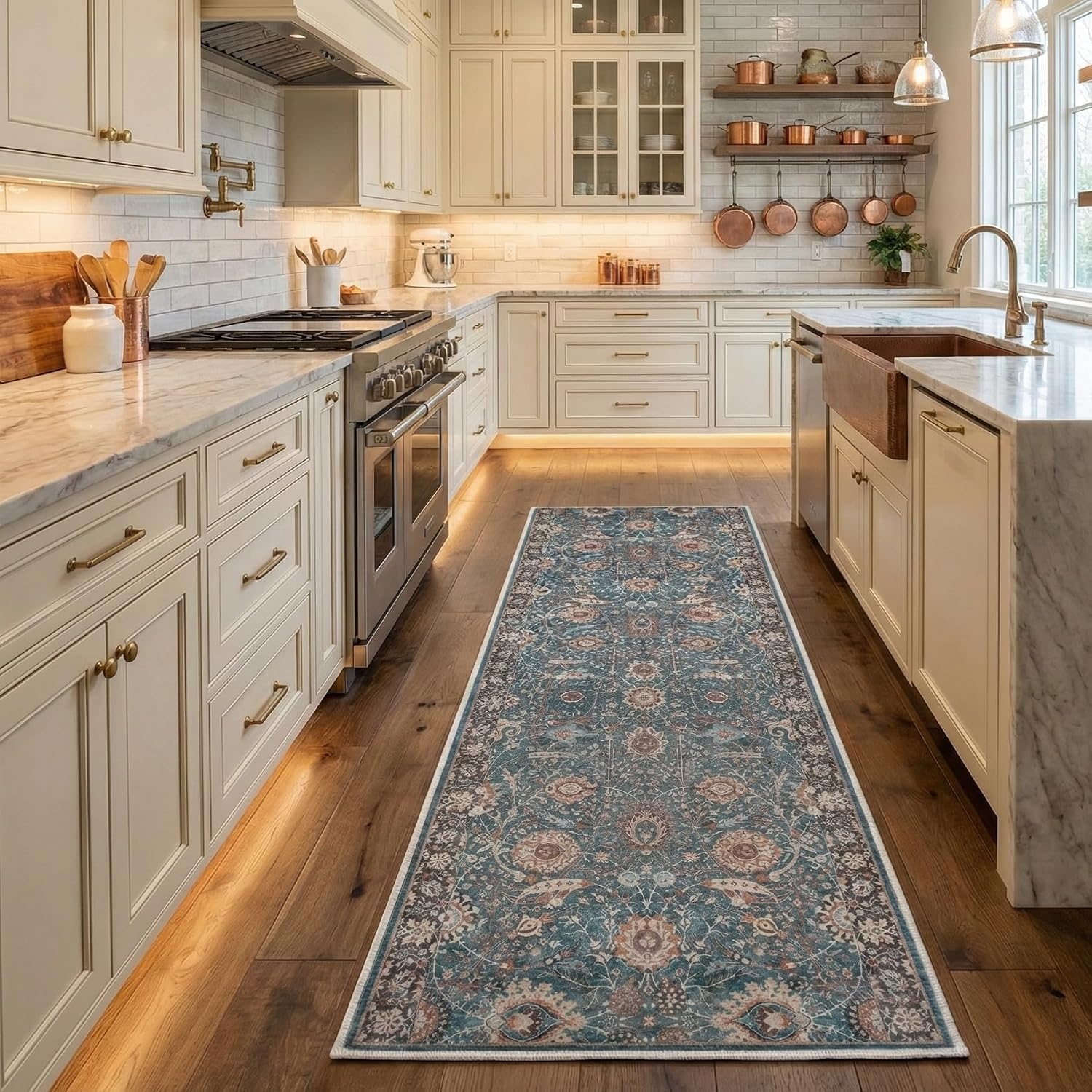Teal Floral Flatweave Hallway Runner Rug
