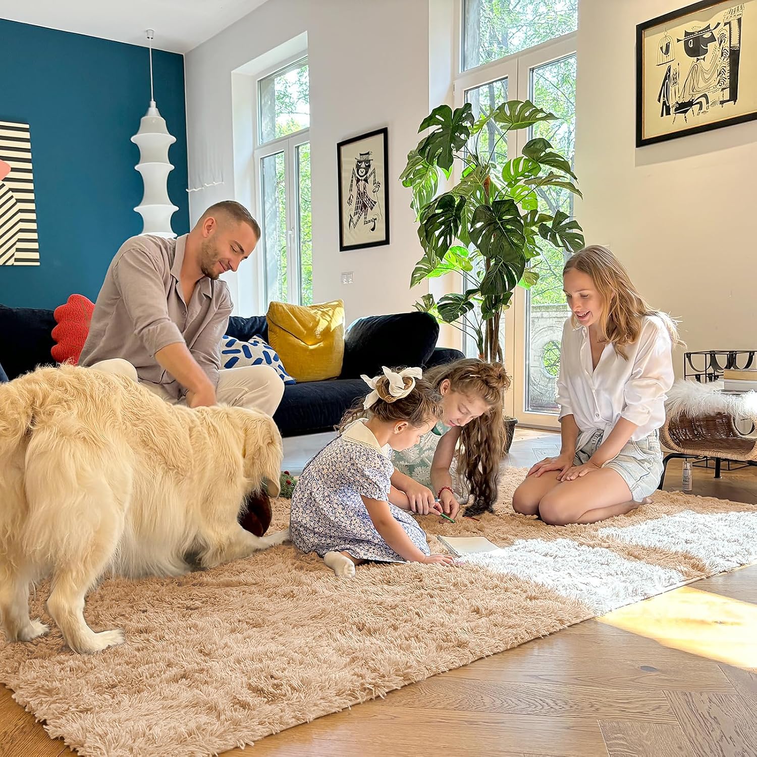 Beige Fluffy Washable 4x5 Shag Area Rug