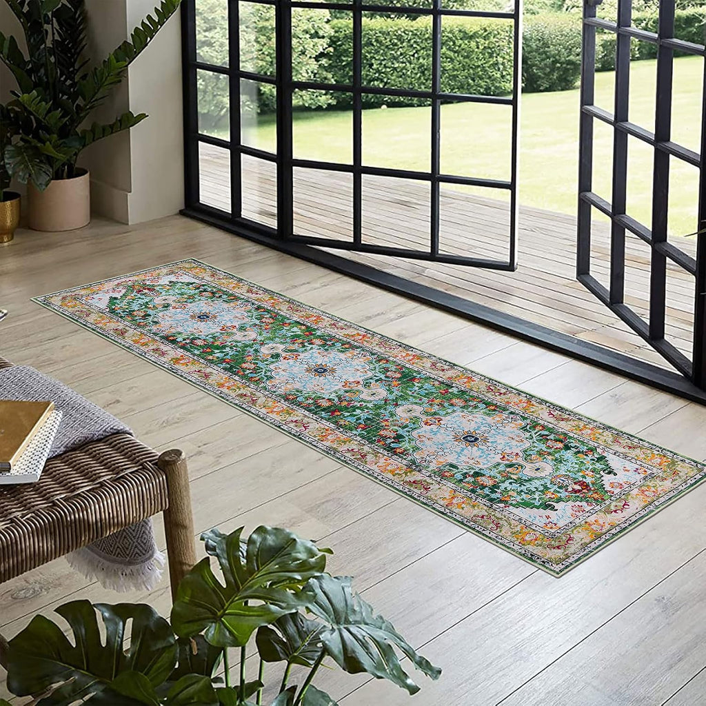Green Boho Washable Non Slip Runner Rug