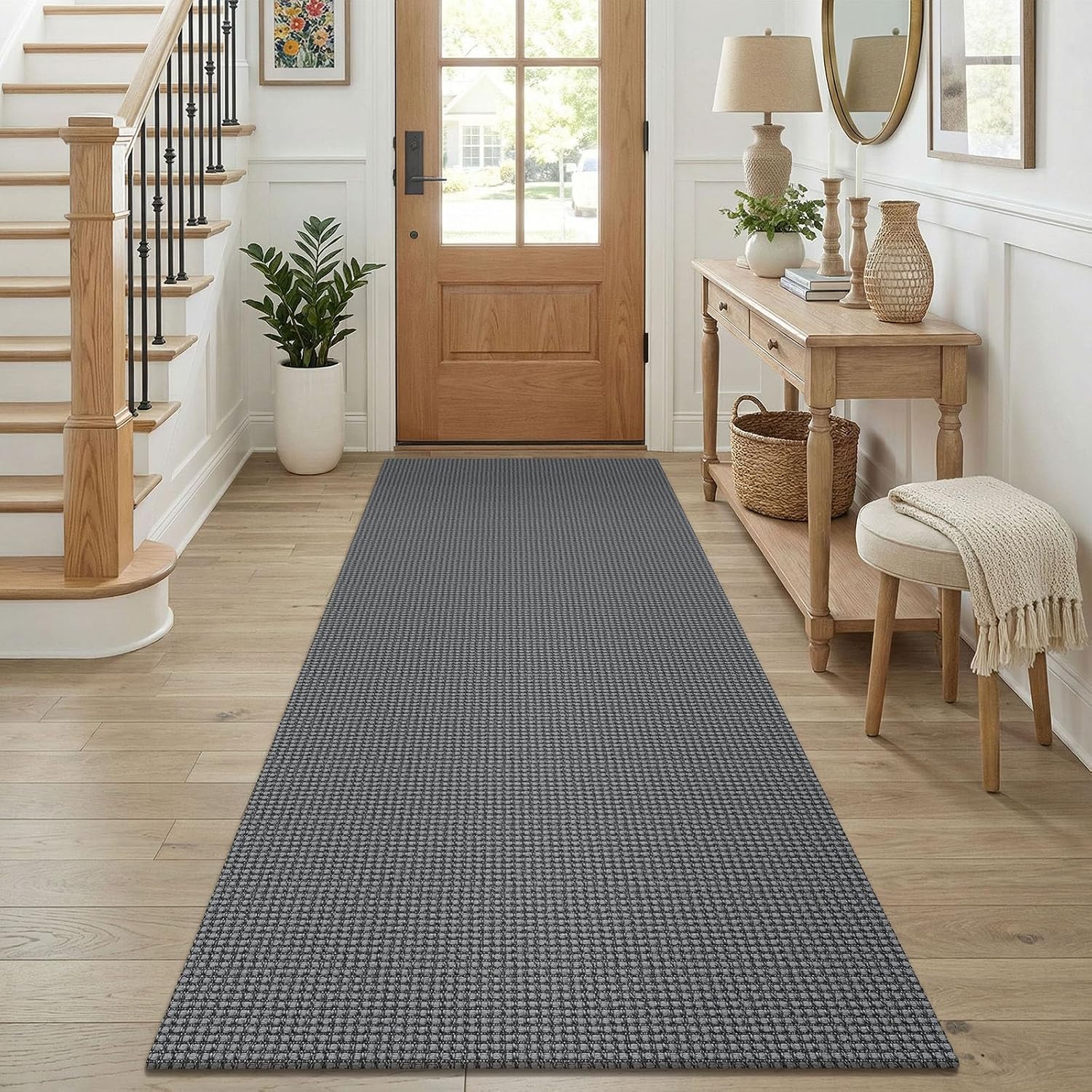 Grey Non Slip Washable Cotton Runner Rug