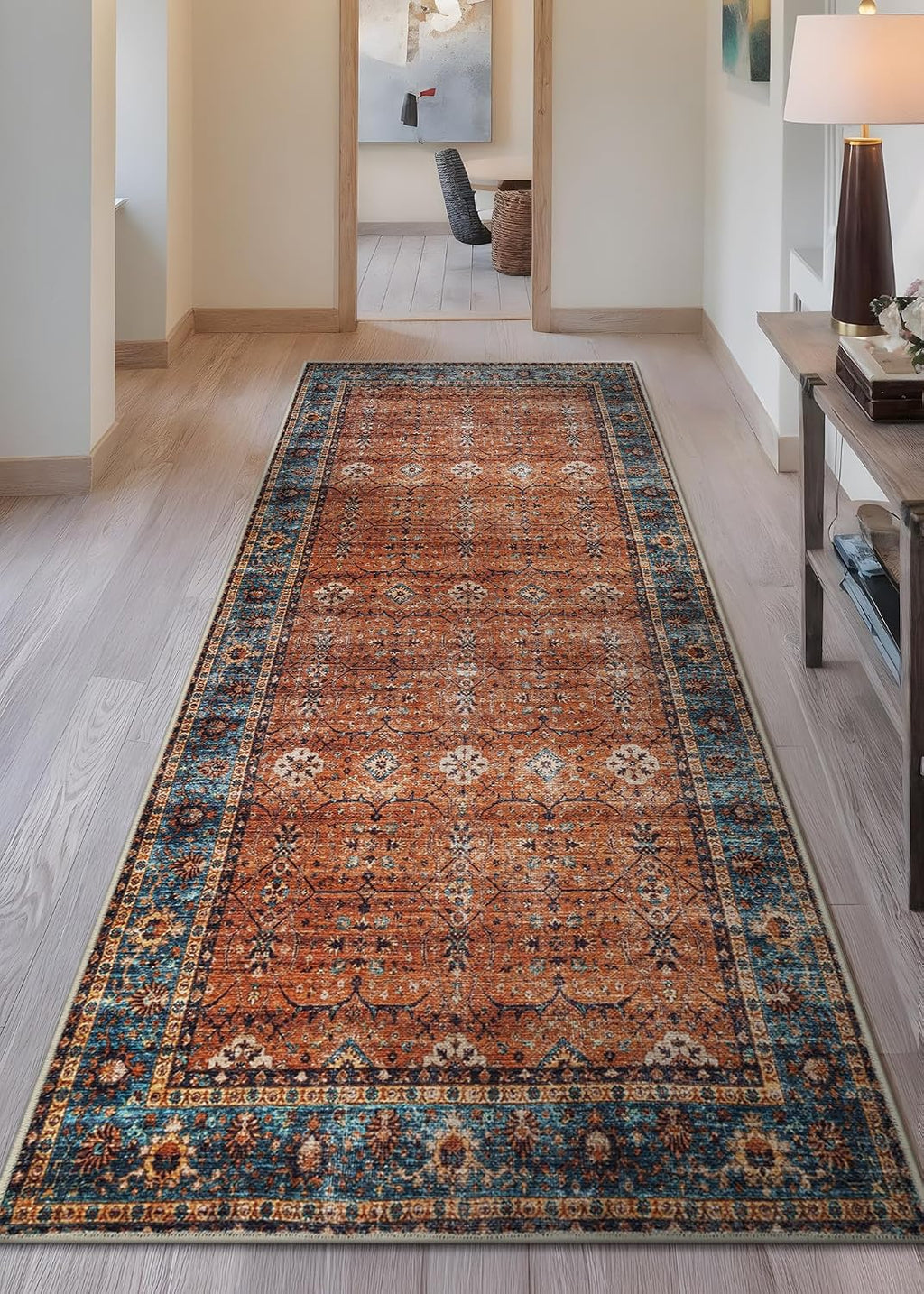 Orange Teal Traditional Bordered Runner Rug
