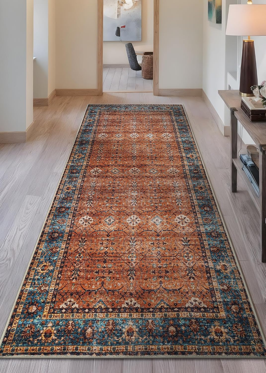 Orange Teal Traditional Bordered Runner Rug