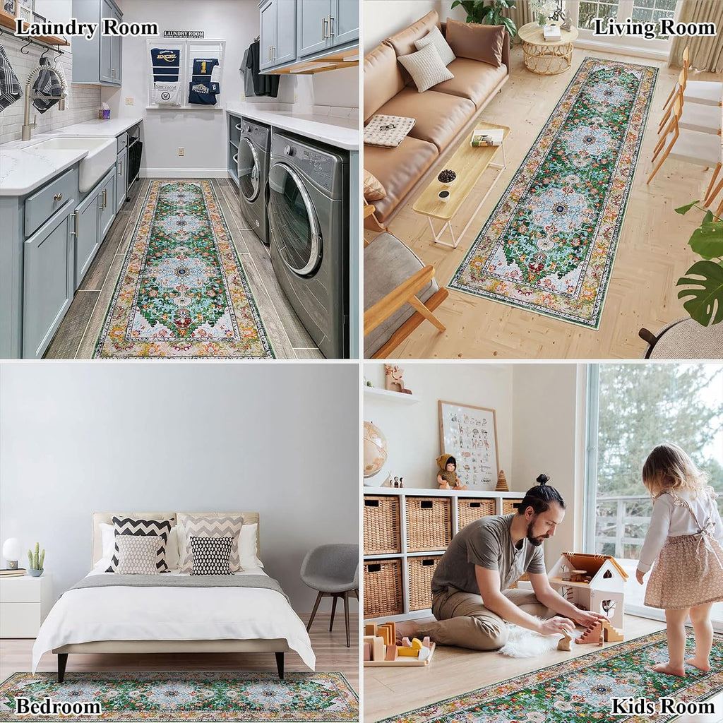 Green Boho Washable Non Slip Runner Rug