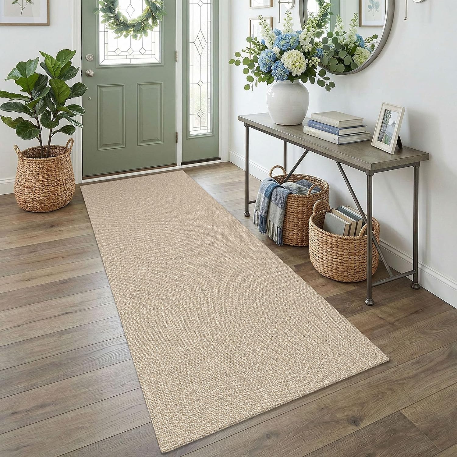 Beige Braided Non Slip Cotton Runner Rug