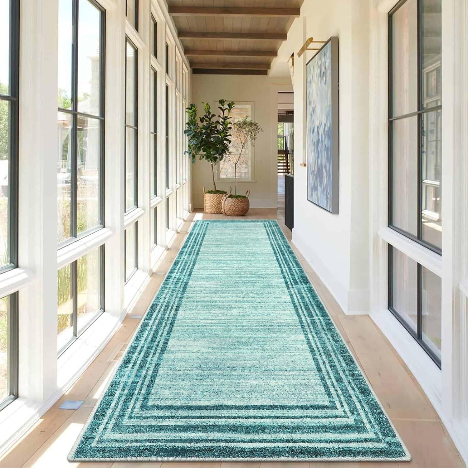 Teal Abstract Soft Washable Runner Rug