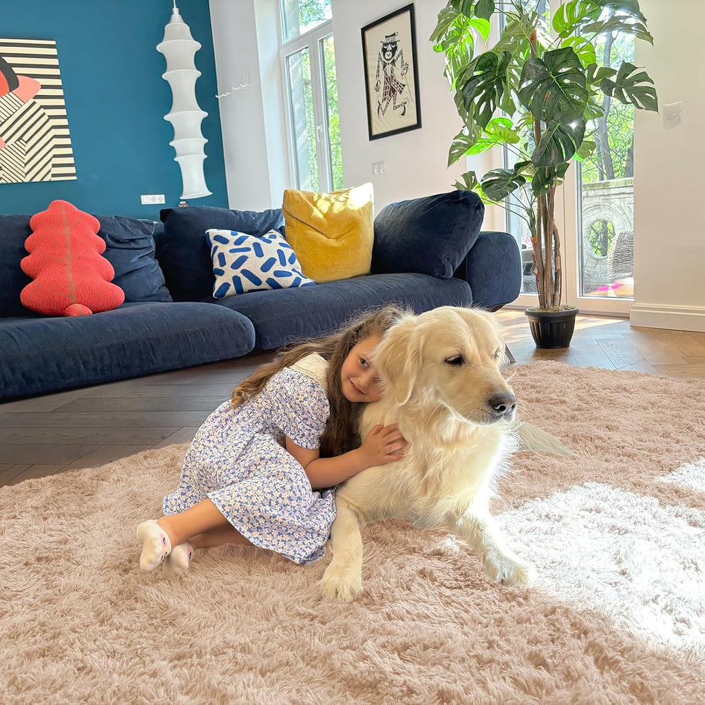 Beige Fluffy Washable 4x5 Shag Area Rug