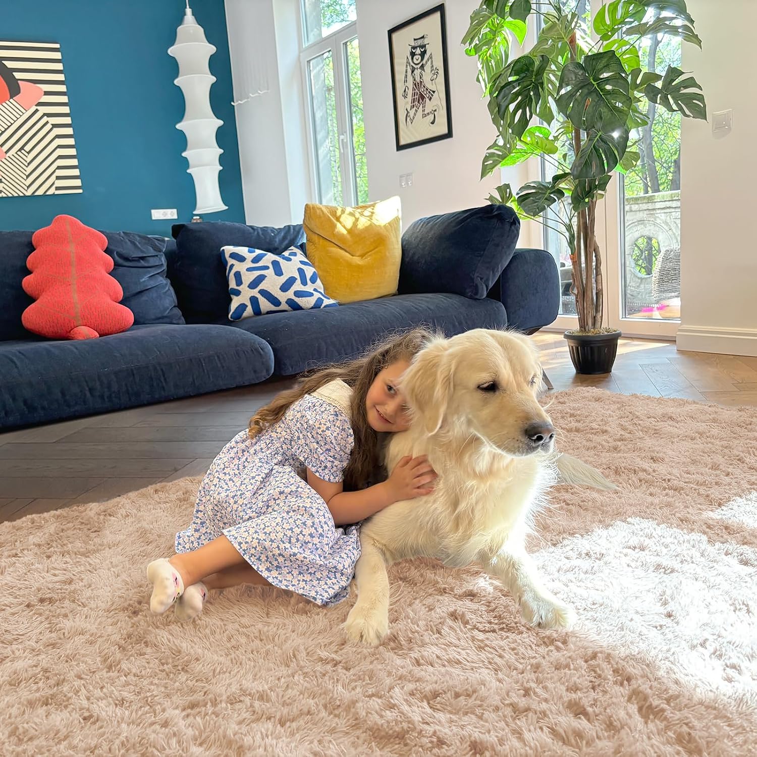 Beige Fluffy Washable 4x5 Shag Area Rug