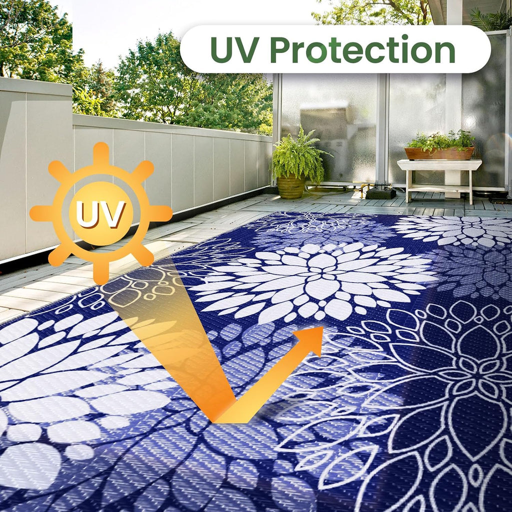 Blue Reversible Straw Waterproof Outdoor Rug