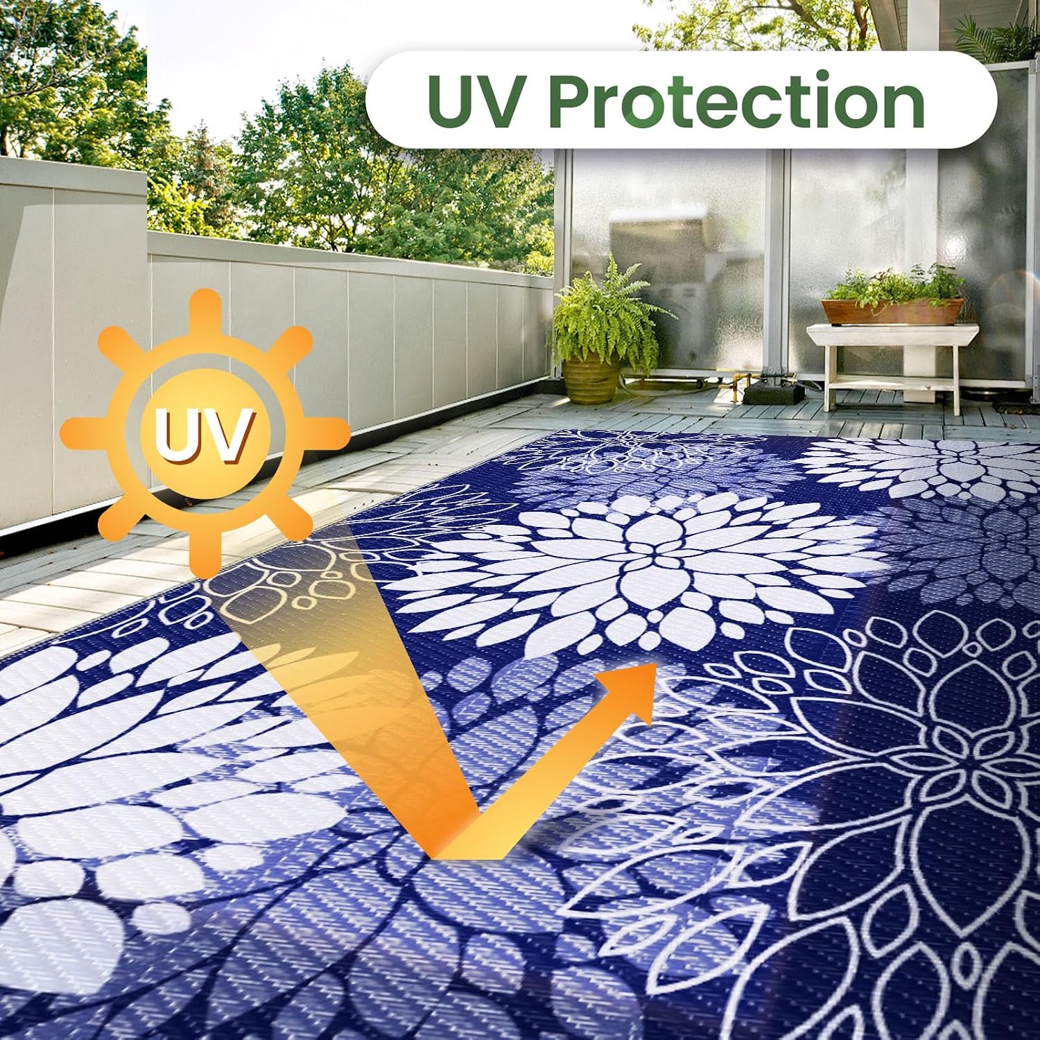 Blue Reversible Straw Waterproof Outdoor Rug