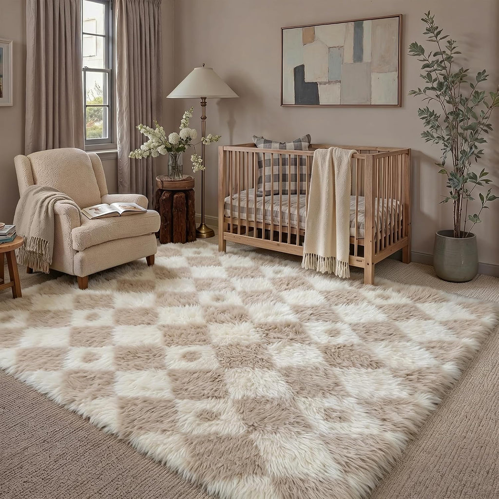 Beige Checkered Fluffy Washable Non-Slip Area Rug