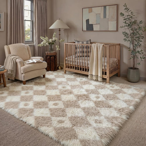 Beige Checkered Fluffy Washable Non-Slip Area Rug