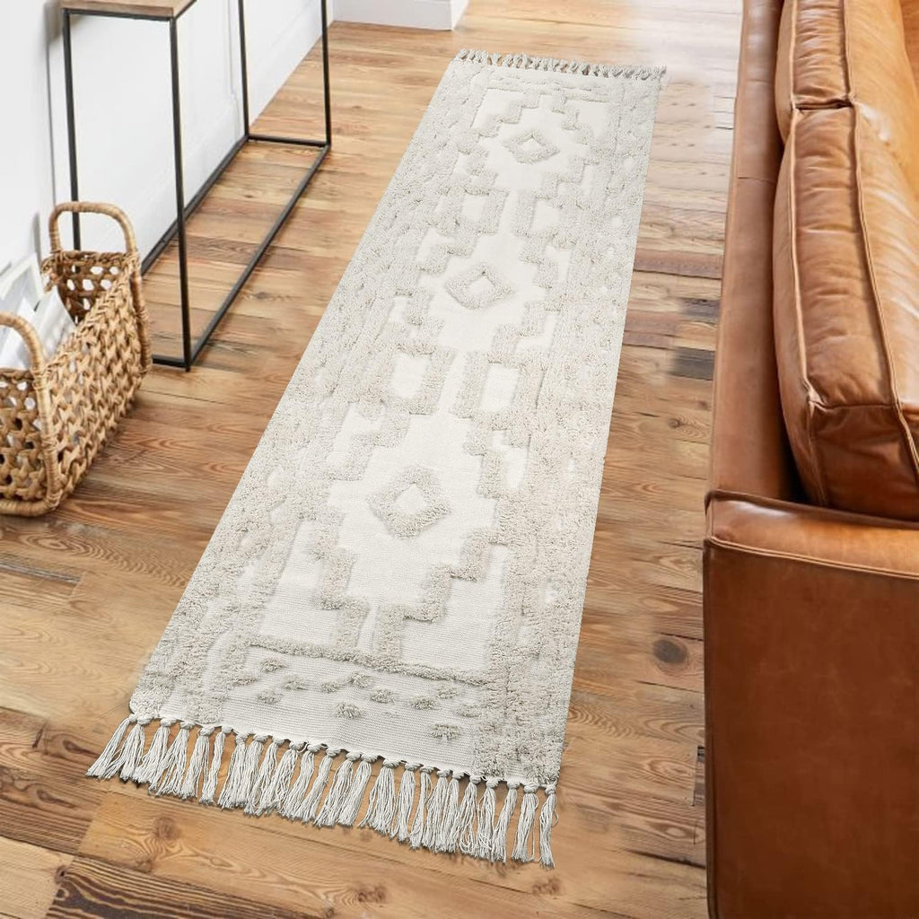 Boho Woven Beige Tassel Runner Rug