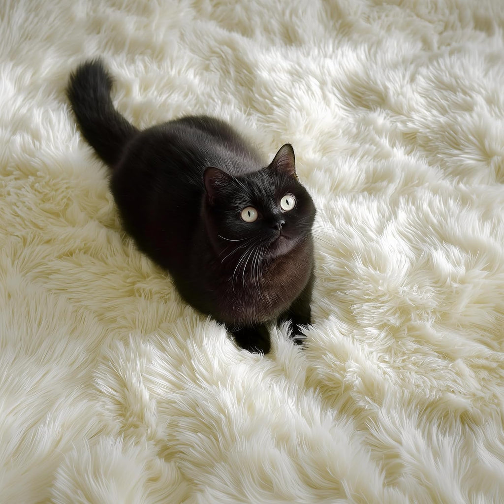 Cream White Fluffy Washable 5x7 Shag Area Rug