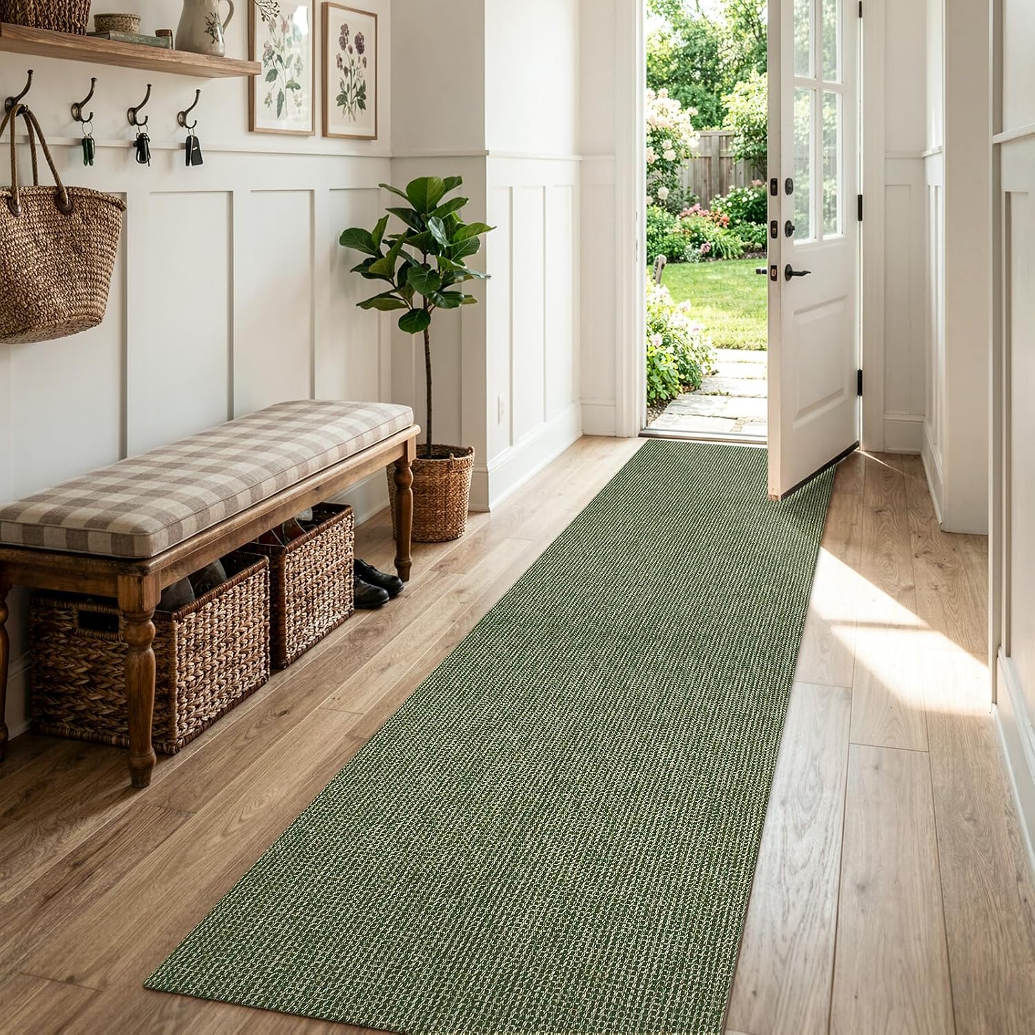 Boho Green Braided Washable Runner Rug