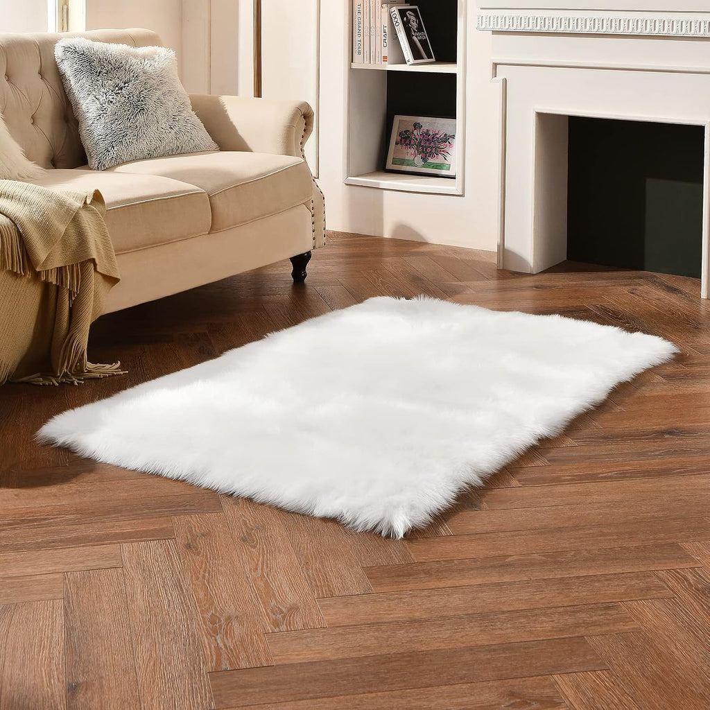 White Faux Sheepskin Fluffy Non-Slip Washable Area Rug 3x5ft
