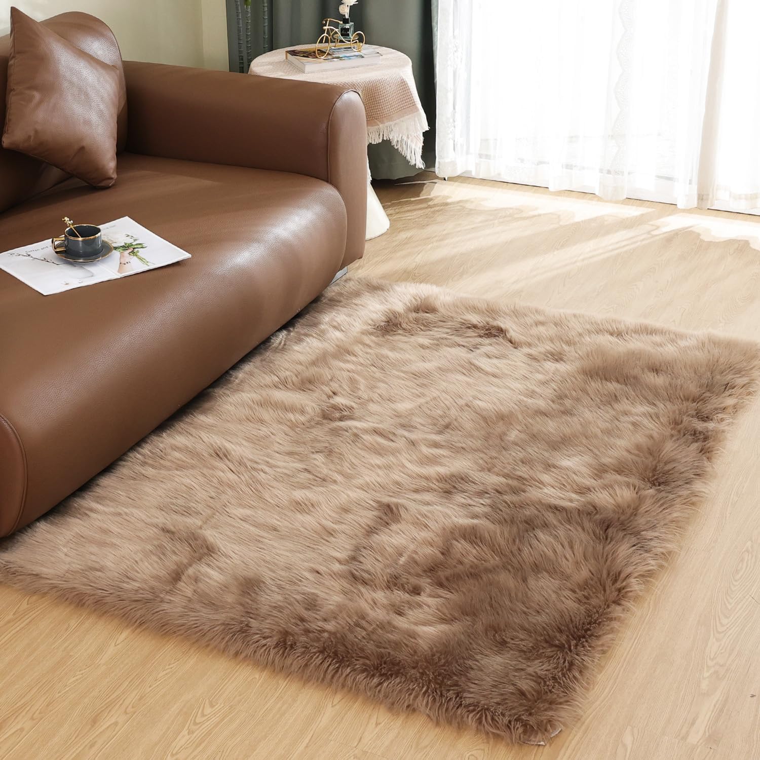 Camel Beige Washable Faux Fur Fluffy Area Rug