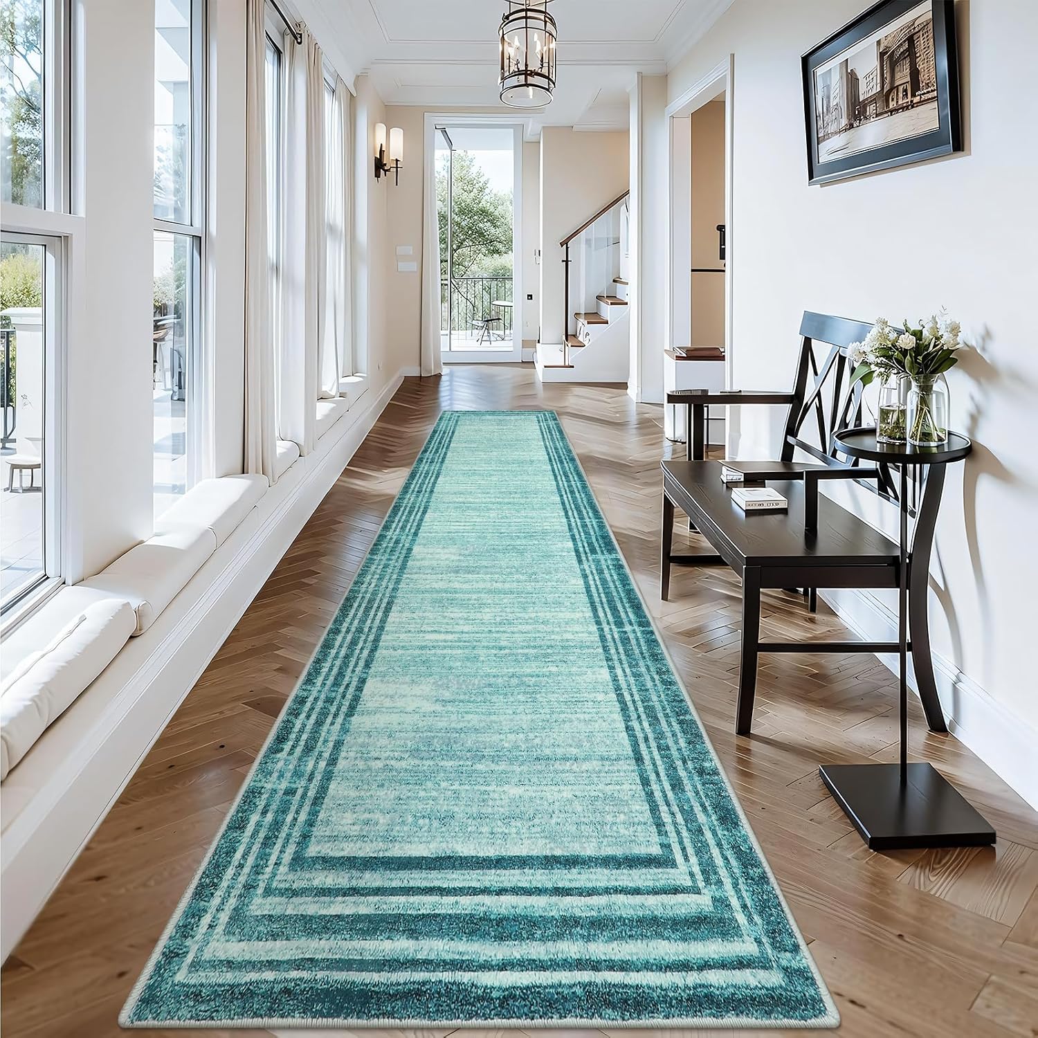 Teal Abstract Soft Washable Runner Rug