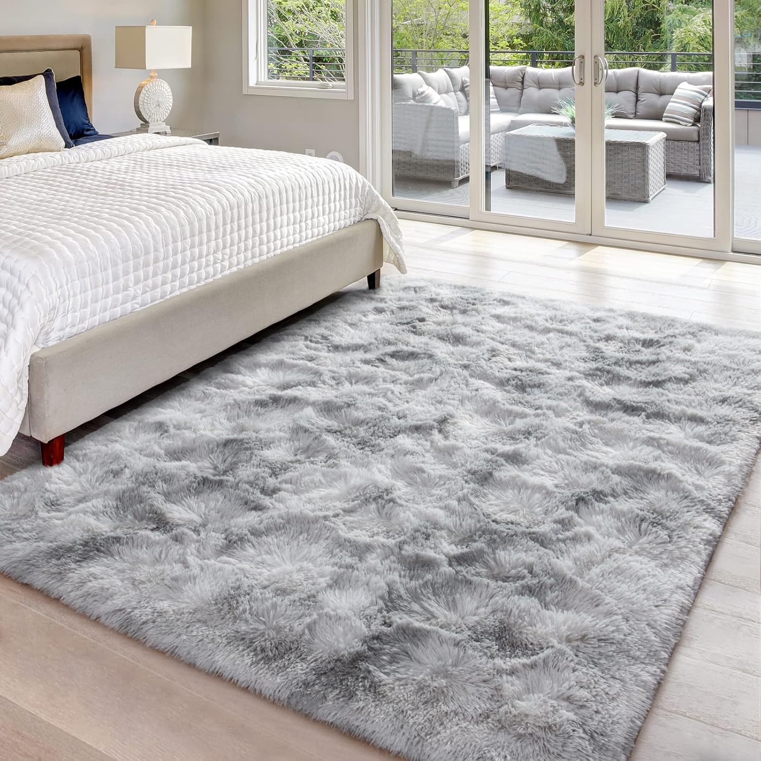 Light Grey Tie-Dye Fluffy Washable Non-Slip Large Rug