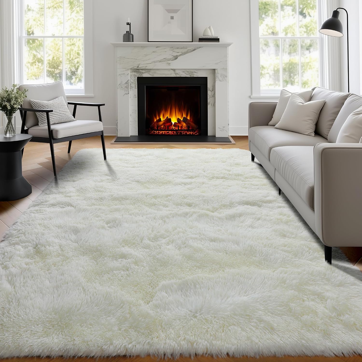Cream White Fluffy Washable 5x7 Shag Area Rug