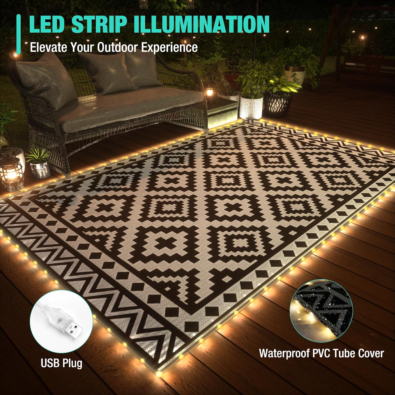 LED Light Reversible Straw Outdoor Rug
