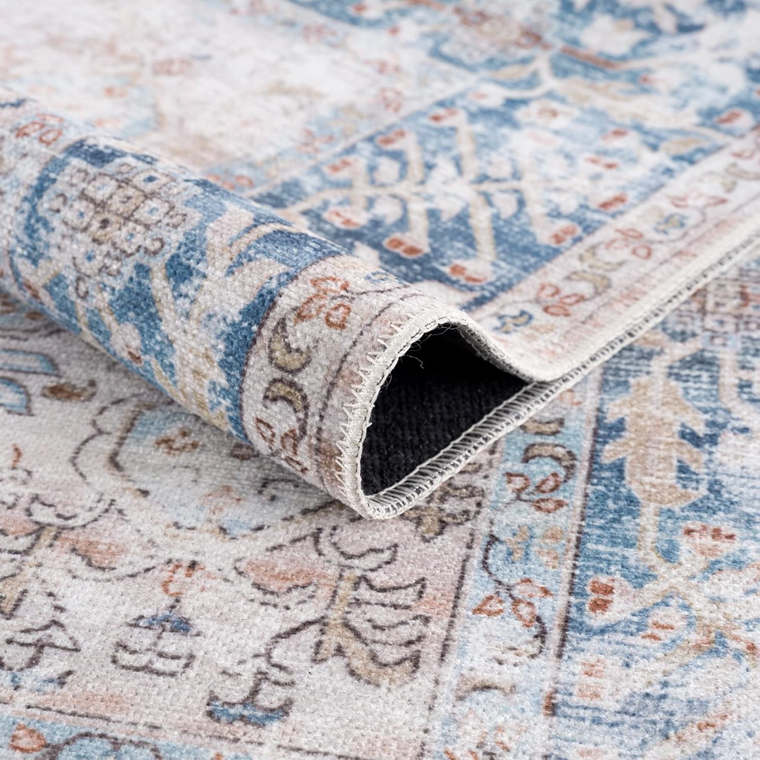 Beige Blue Traditional Washable Runner Rug