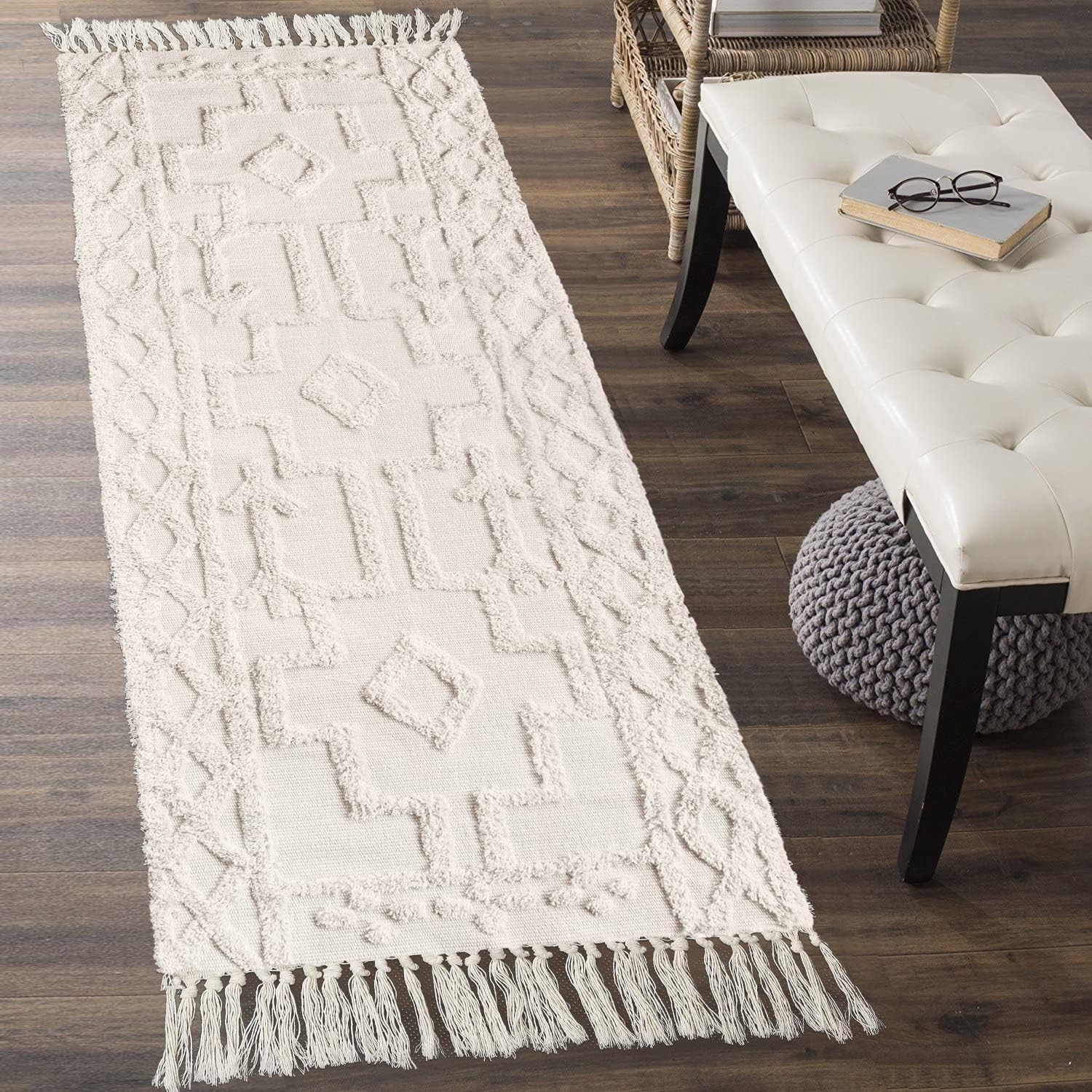 Boho Woven Beige Tassel Runner Rug