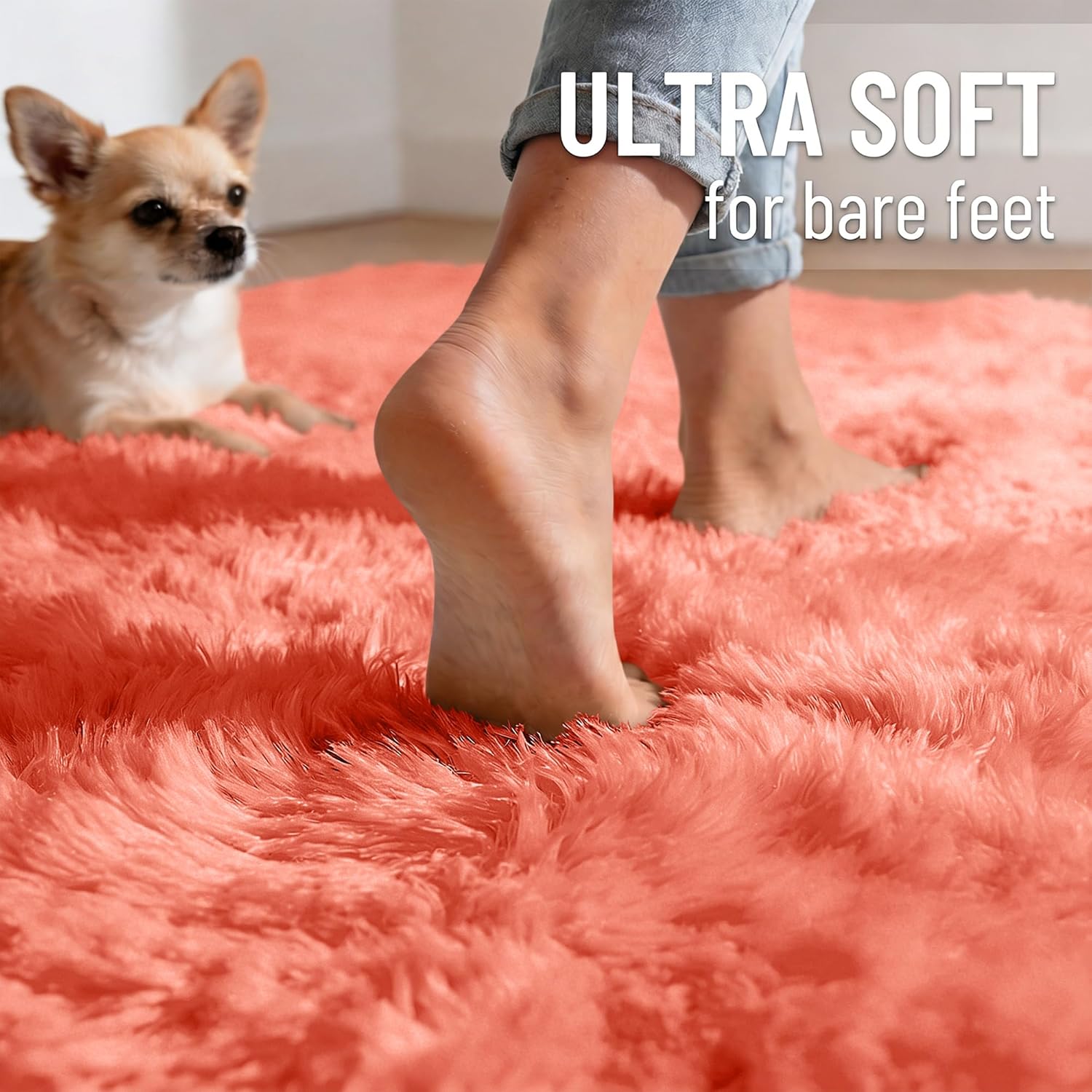 Coral Red Fluffy Washable Large Shag Area Rug