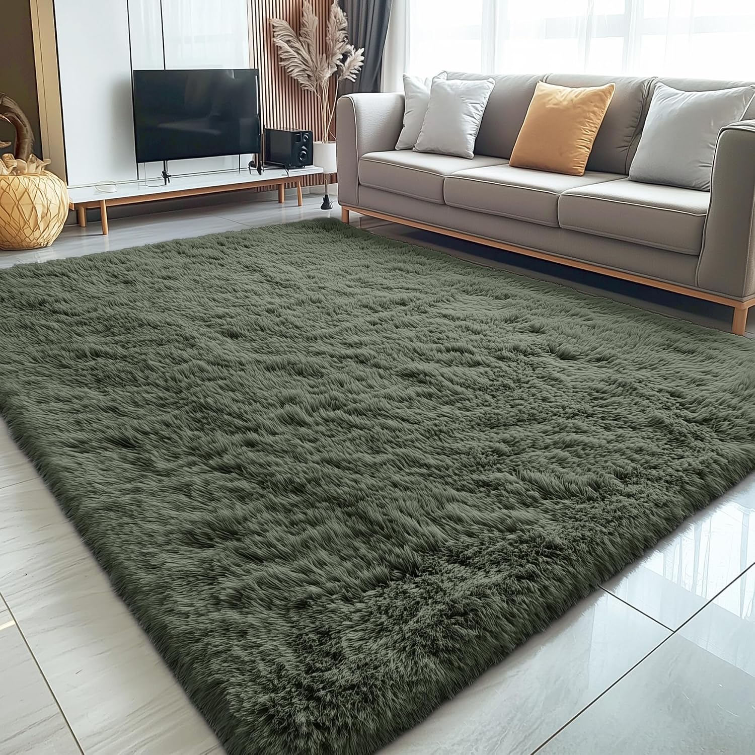 Washable Shaggy Olive Green Large Area Floor Rug