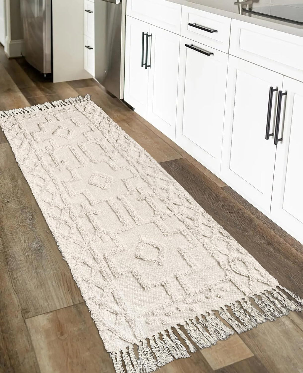 Boho Woven Beige Tassel Runner Rug