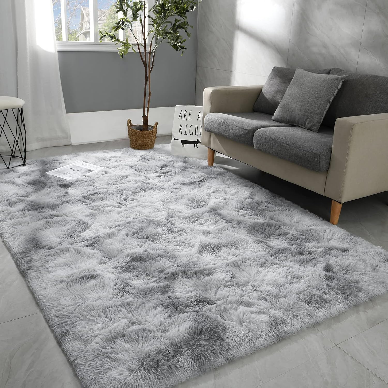 Light Grey Tie-Dye Fluffy Washable Non-Slip Large Rug