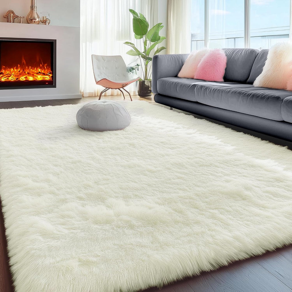 Cream White Fluffy Washable 5x7 Shag Area Rug
