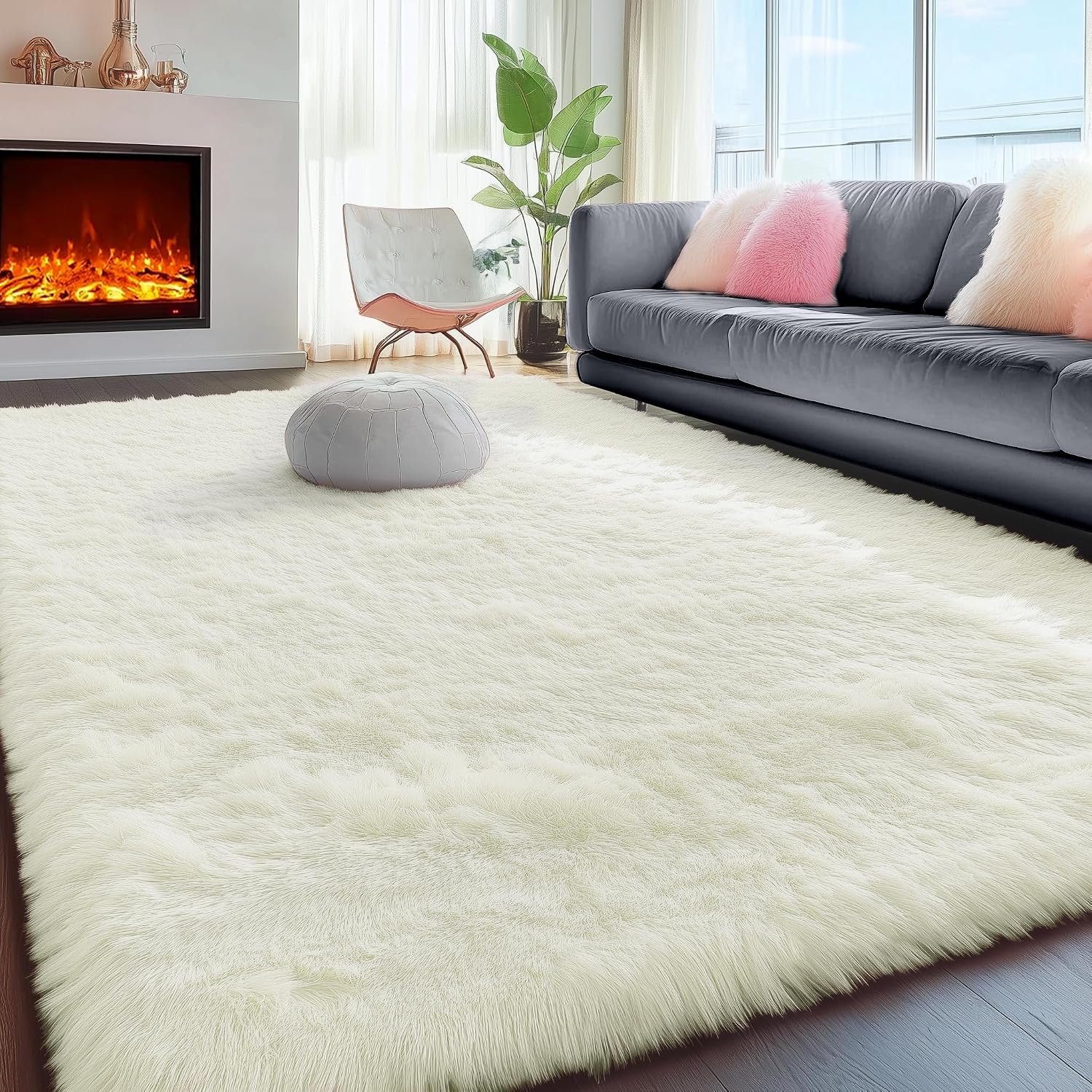 Cream White Fluffy Washable 5x7 Shag Area Rug