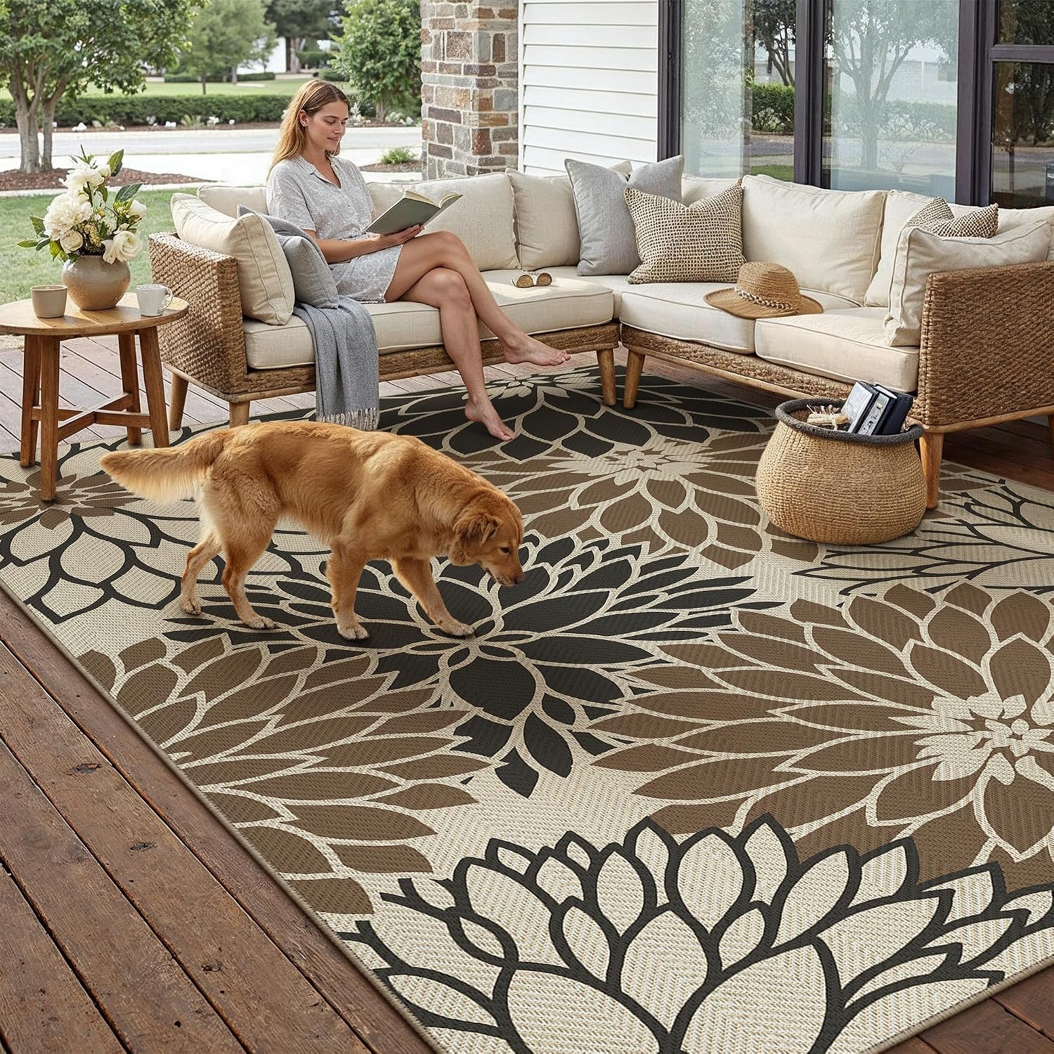 Floral Linen Waterproof Outdoor Floor Rug