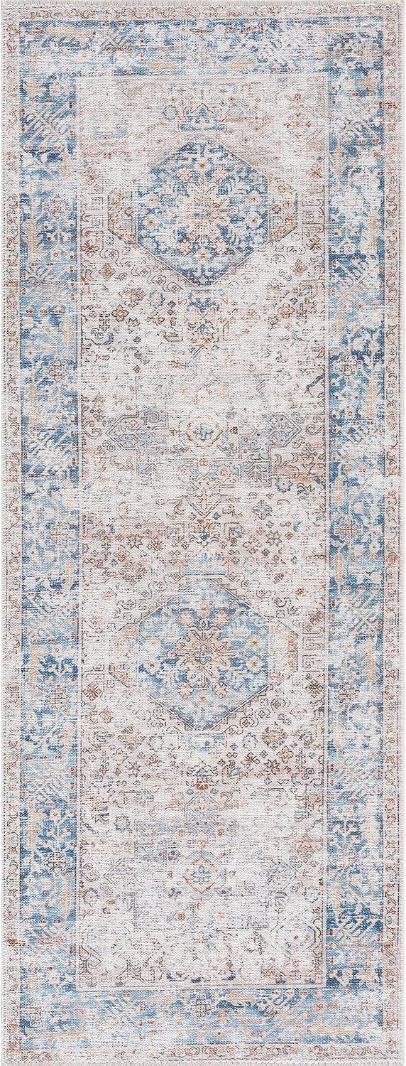 Beige Blue Traditional Washable Runner Rug