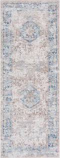 Beige Blue Traditional Washable Runner Rug